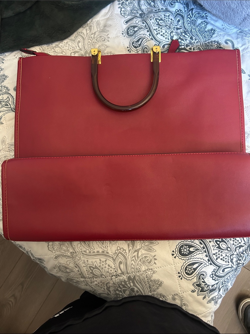 Fendi Red Leather Logo Tote with Black Accents - Picture 2 of 4